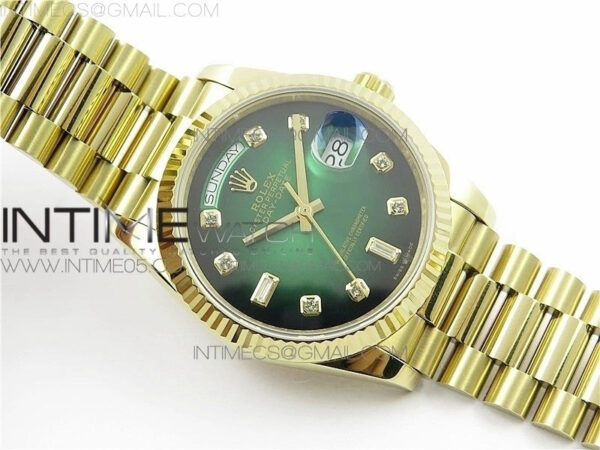 Day-Date 36 128239 YG BP Best Edition Green Crystal Markers Dial on YG President Bracelet – Bild 5