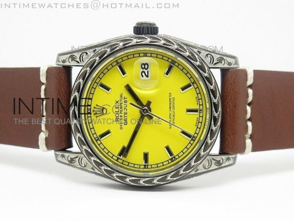 Datejust Engraved DLC Case Yellow dial on Brown Leather Strap – Bild 4