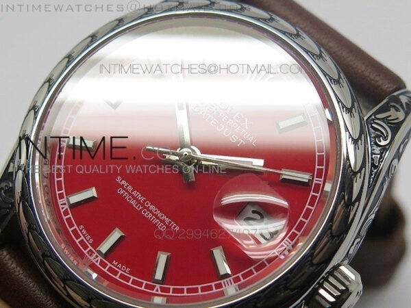 Datejust Engraved SS Case Red dial on Brown Leather Strap – Bild 4