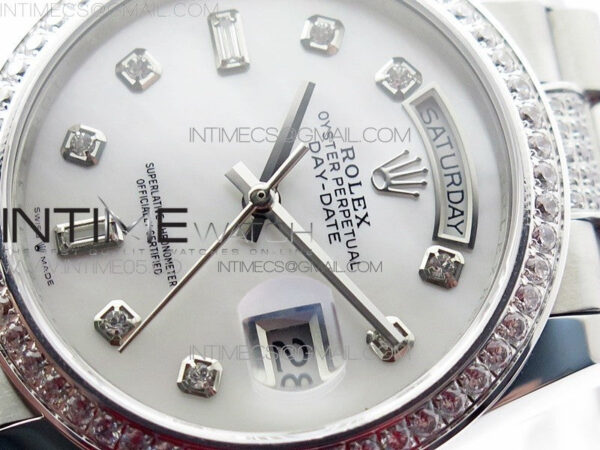 Day-Date 36 128239 SS/Crystal BP Best Edition White MOP Crystal Markers Dial on SS President Bracelet A2836 – Bild 4