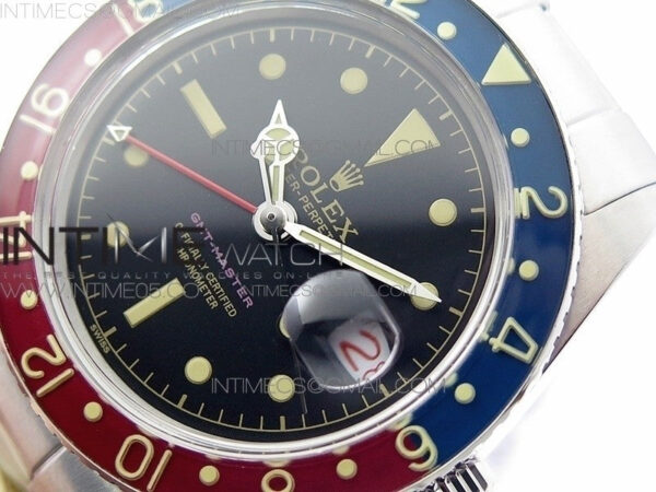 Vintage GMT Master 6542 Blue/Red Bezel B12 Black Dial Style02 on SS Bracelet A2836 – Bild 3