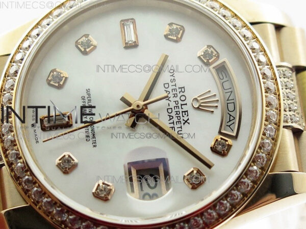 Day-Date 36 128235 RG/Crystal BP Best Edition White MOP Crystal Marker Dial on RG President Bracelet A2836 – Bild 4
