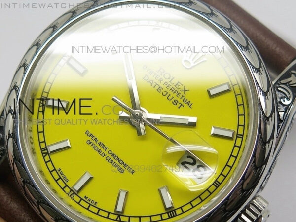 Datejust Engraved SS Case Yellow dial on Brown Leather Strap – Bild 4