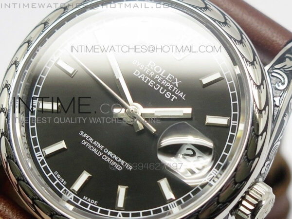 Datejust Engraved SS Case Black dial on Brown Leather Strap – Bild 4