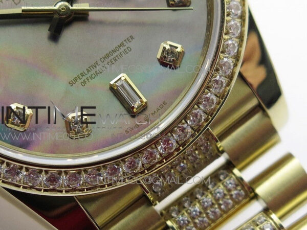 Day-Date 36 128235 YG/Crystal BP Best Edition Gray MOP Crystal Marker Dial on YG President Bracelet A2836 – Bild 4