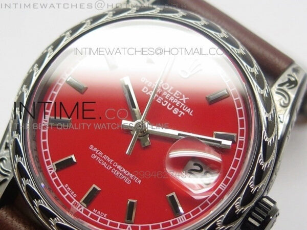Datejust Engraved DLC Case Red dial on Brown Leather Strap – Bild 4