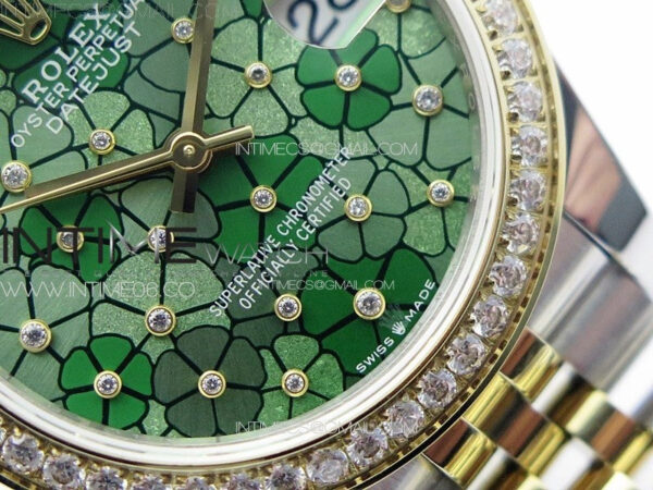 DateJust 31mm 278274 904L SS/YG Crystals Bezel GMF Best Edition Green Flowers Crystals Dial on 904L SS/YG Jubilee Bracelet A2824 – Bild 5