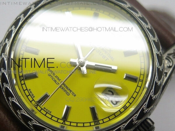 Datejust Engraved DLC Case Yellow dial on Brown Leather Strap – Bild 5
