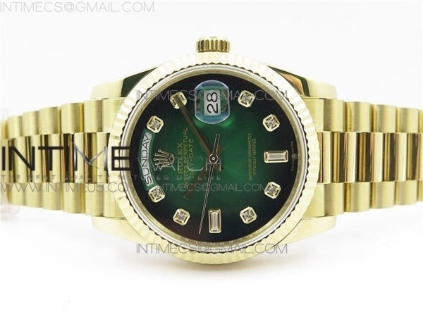 Day-Date 36 128239 YG BP Best Edition Green Crystal Markers Dial on YG President Bracelet – Bild 4