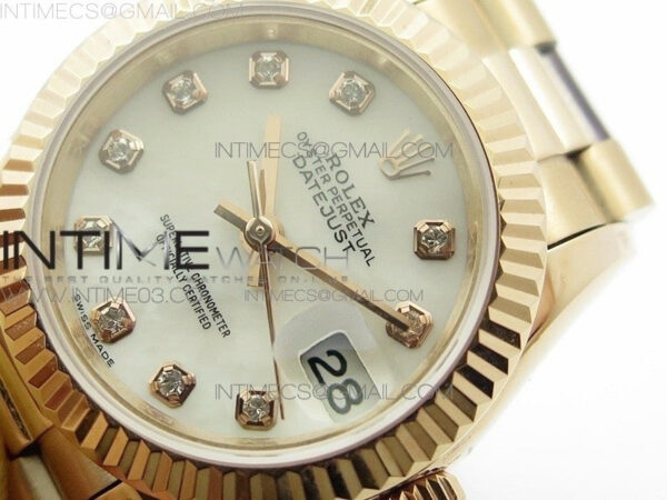 DateJust 28mm RG Diamond Bezel BP Best Edition White MOP Dial on RG Bracelet ETA2671 – Bild 5