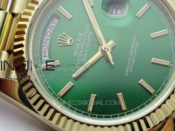 Day-Date 40mm 228239 BP New Dial Version 904 YG  Green Stick Markers Dial on YG President Bracelet A2836 – Bild 6