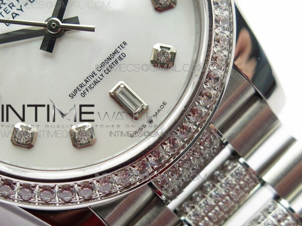 Day-Date 36 128239 SS/Crystal BP Best Edition White MOP Crystal Markers Dial on SS President Bracelet A2836 – Bild 6