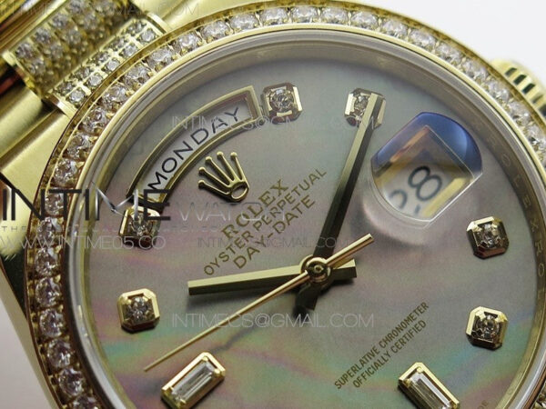 Day-Date 36 128235 YG/Crystal BP Best Edition Gray MOP Crystal Marker Dial on YG President Bracelet A2836 – Bild 6