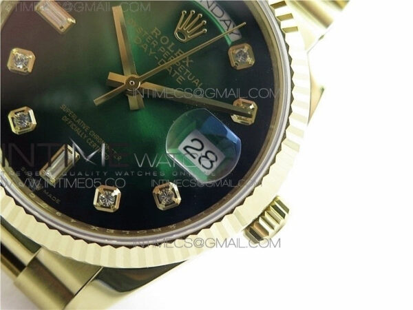 Day-Date 36 128239 YG BP Best Edition Green Crystal Markers Dial on YG President Bracelet – Bild 6