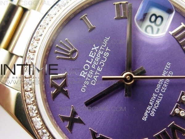 Datejust 31mm 278275 RG Dia Bezel BP Best Edition Purple Roman Markers Dial @6 Dia on RG President Bracelet – Bild 7