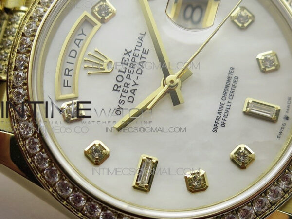 Day-Date 36 128235 YG/Crystal BP Best Edition White MOP Crystal Marker Dial on YG President Bracelet A2836 – Bild 7