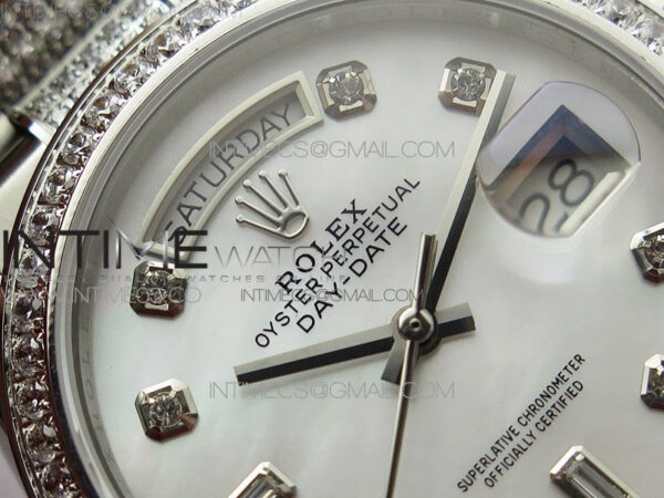 Day-Date 36 128239 SS/Crystal BP Best Edition White MOP Crystal Markers Dial on SS President Bracelet A2836 – Bild 9