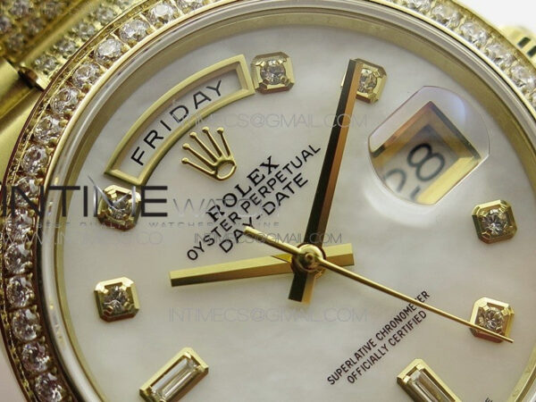 Day-Date 36 128235 YG/Crystal BP Best Edition White MOP Crystal Marker Dial on YG President Bracelet A2836 – Bild 9