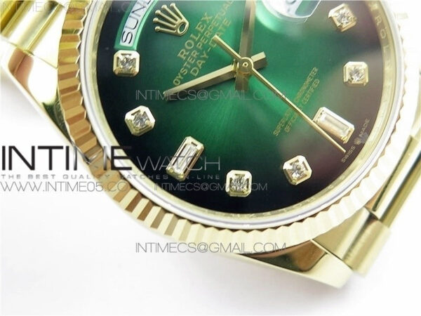Day-Date 36 128239 YG BP Best Edition Green Crystal Markers Dial on YG President Bracelet – Bild 8