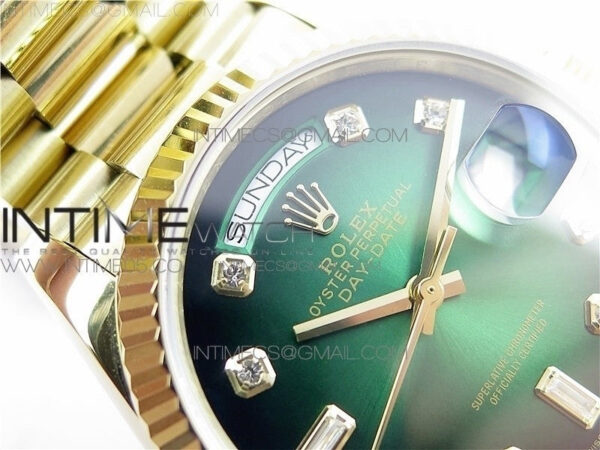 Day-Date 36 128239 YG BP Best Edition Green Crystal Markers Dial on YG President Bracelet – Bild 9