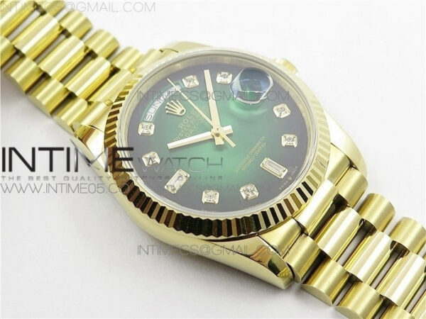 Day-Date 36 128239 YG BP Best Edition Green Crystal Markers Dial on YG President Bracelet – Bild 11