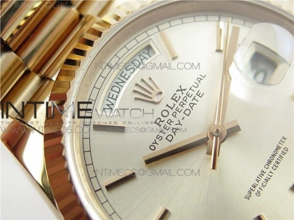 Day-Date 36 128239 RG BP Best Edition Silver Sticks Markers Dial on RG President Bracelet – Bild 26