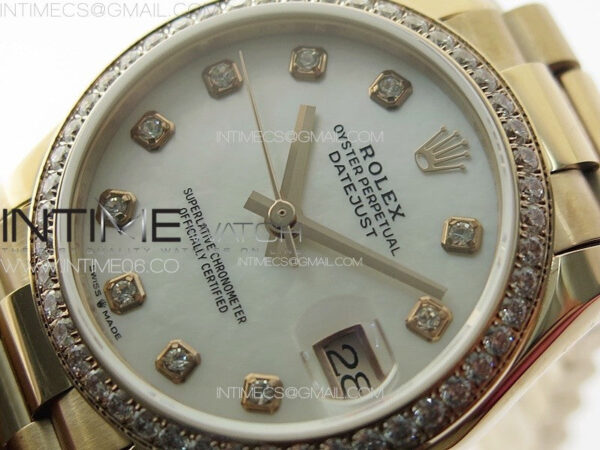 DateJust 31mm RG/Crystals Bezel APSF Best Edition White MOP Dial Crystals Markers on President Bracelet A2824 – Bild 5