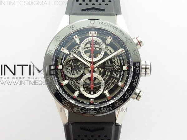 Calibre Heuer 01 Chrono 43mm SS XF 1:1 Best Edition Skeleton Dial on Rubber Strap A1887