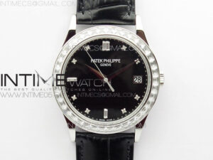 Calatrava 5298P-012 SS T Crystal Bezel ZF 1:1 Best Edition Black Dial on Black Leather Strap A324CS