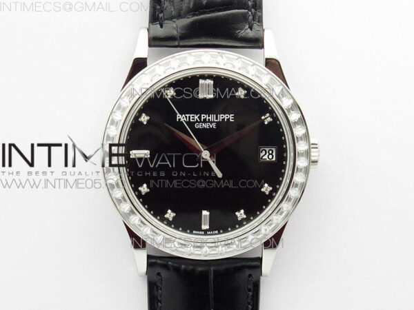 Calatrava 5298P-012 SS T Crystal Bezel ZF 1:1 Best Edition Black Dial on Black Leather Strap A324CS