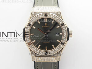 Classic Fusion 42mm RG Paved Diamonds Case/Bezel B50F Gray Dial On Gray Gummy Strap A2892