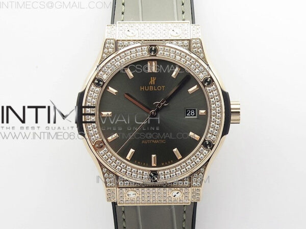 Classic Fusion 42mm RG Paved Diamonds Case/Bezel B50F Gray Dial On Gray Gummy Strap A2892