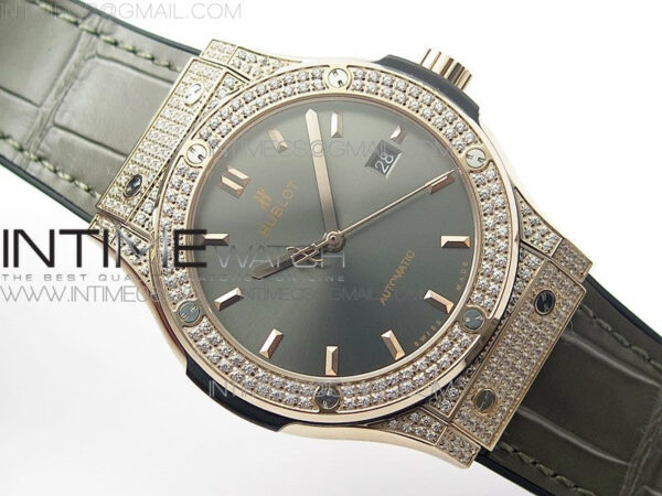 Classic Fusion 42mm RG Paved Diamonds Case/Bezel B50F Gray Dial On Gray Gummy Strap A2892 – Bild 2