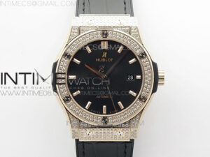Classic Fusion 42mm RG Paved Diamonds Case/Bezel B50F Black Dial On Black Gummy Strap A2892