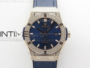 Classic Fusion 42mm RG Paved Diamonds Case/Bezel B50F Blue Dial On Blue Gummy Strap A2892