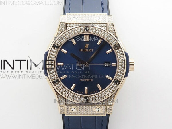 Classic Fusion 42mm RG Paved Diamonds Case/Bezel B50F Blue Dial On Blue Gummy Strap A2892