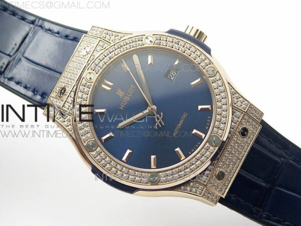 Classic Fusion 42mm RG Paved Diamonds Case/Bezel B50F Blue Dial On Blue Gummy Strap A2892 – Bild 2