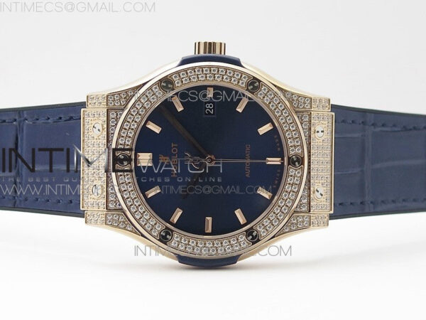 Classic Fusion 42mm RG Paved Diamonds Case/Bezel B50F Blue Dial On Blue Gummy Strap A2892 – Bild 3