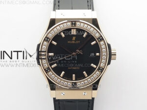 Classic Fusion 42mm RG Paved Diamonds Bezel B50F Black Dial On Black Gummy Strap A2892