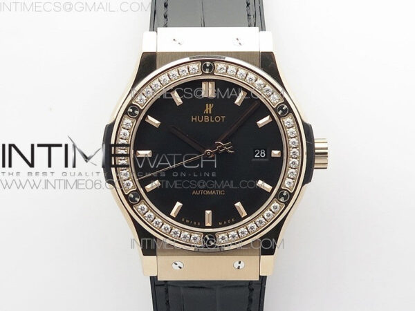 Classic Fusion 42mm RG Paved Diamonds Bezel B50F Black Dial On Black Gummy Strap A2892