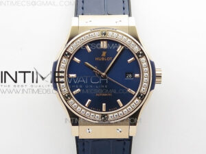 Classic Fusion 42mm RG Paved Diamonds Bezel B50F Blue Dial On Blue Gummy Strap A2892