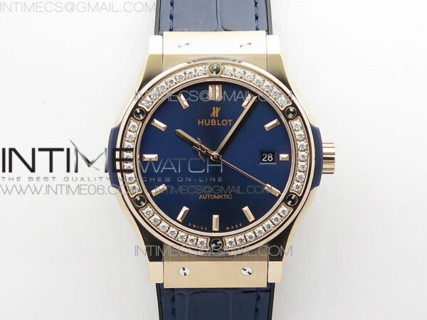 Classic Fusion 42mm RG Paved Diamonds Bezel B50F Blue Dial On Blue Gummy Strap A2892