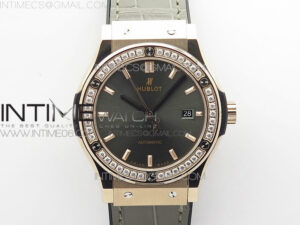 Classic Fusion 42mm RG Paved Diamonds Bezel B50F Gray Dial On Gray Gummy Strap A2892