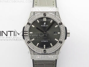 Classic Fusion 42mm SS Paved Diamonds Case/Bezel B50F Gray Dial On Gray Gummy Strap A2892