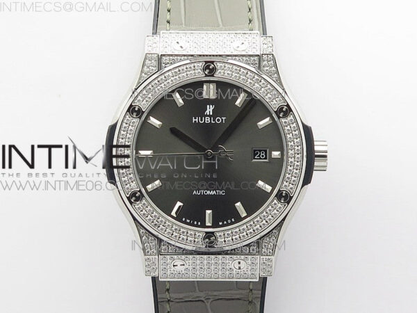 Classic Fusion 42mm SS Paved Diamonds Case/Bezel B50F Gray Dial On Gray Gummy Strap A2892