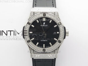 Classic Fusion 42mm SS Paved Diamonds Case/Bezel B50F Black Dial On Black Gummy Strap A2892
