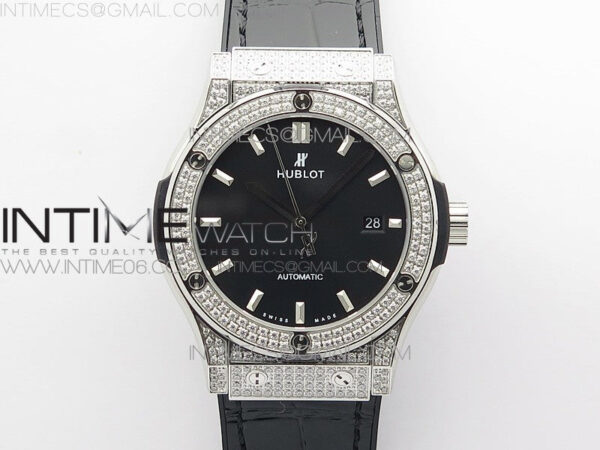 Classic Fusion 42mm SS Paved Diamonds Case/Bezel B50F Black Dial On Black Gummy Strap A2892