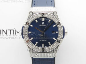 Classic Fusion 42mm SS Paved Diamonds Case/Bezel B50F Blue Dial On Blue Gummy Strap A2892
