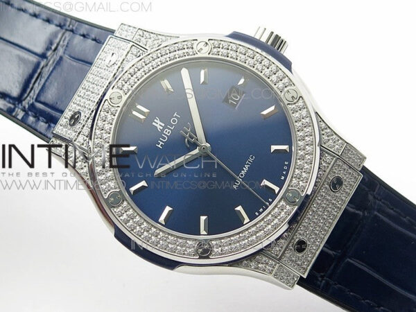 Classic Fusion 42mm SS Paved Diamonds Case/Bezel B50F Blue Dial On Blue Gummy Strap A2892 – Bild 2