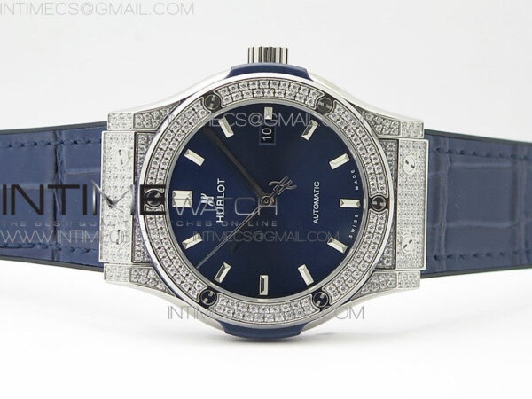 Classic Fusion 42mm SS Paved Diamonds Case/Bezel B50F Blue Dial On Blue Gummy Strap A2892 – Bild 3